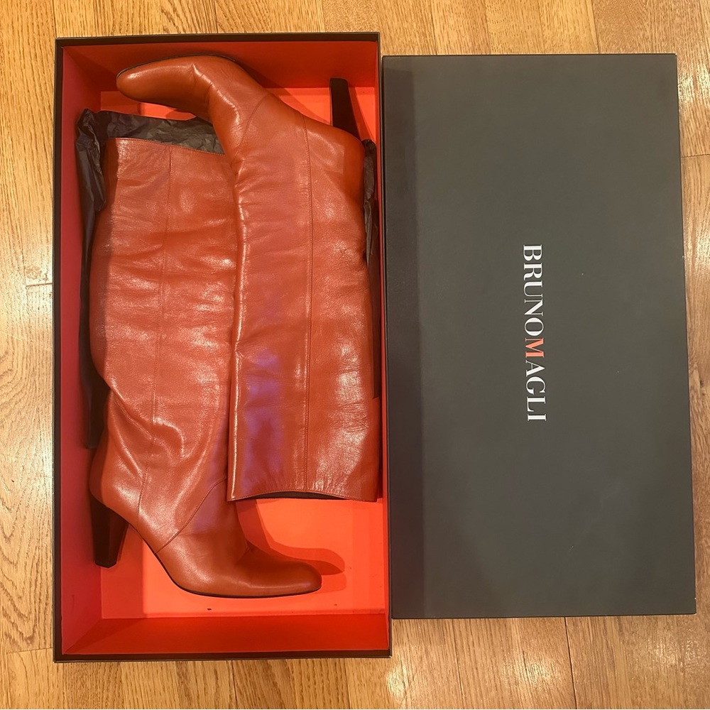 bruno magli paprika burnt orange leather heeled boots women’s 36